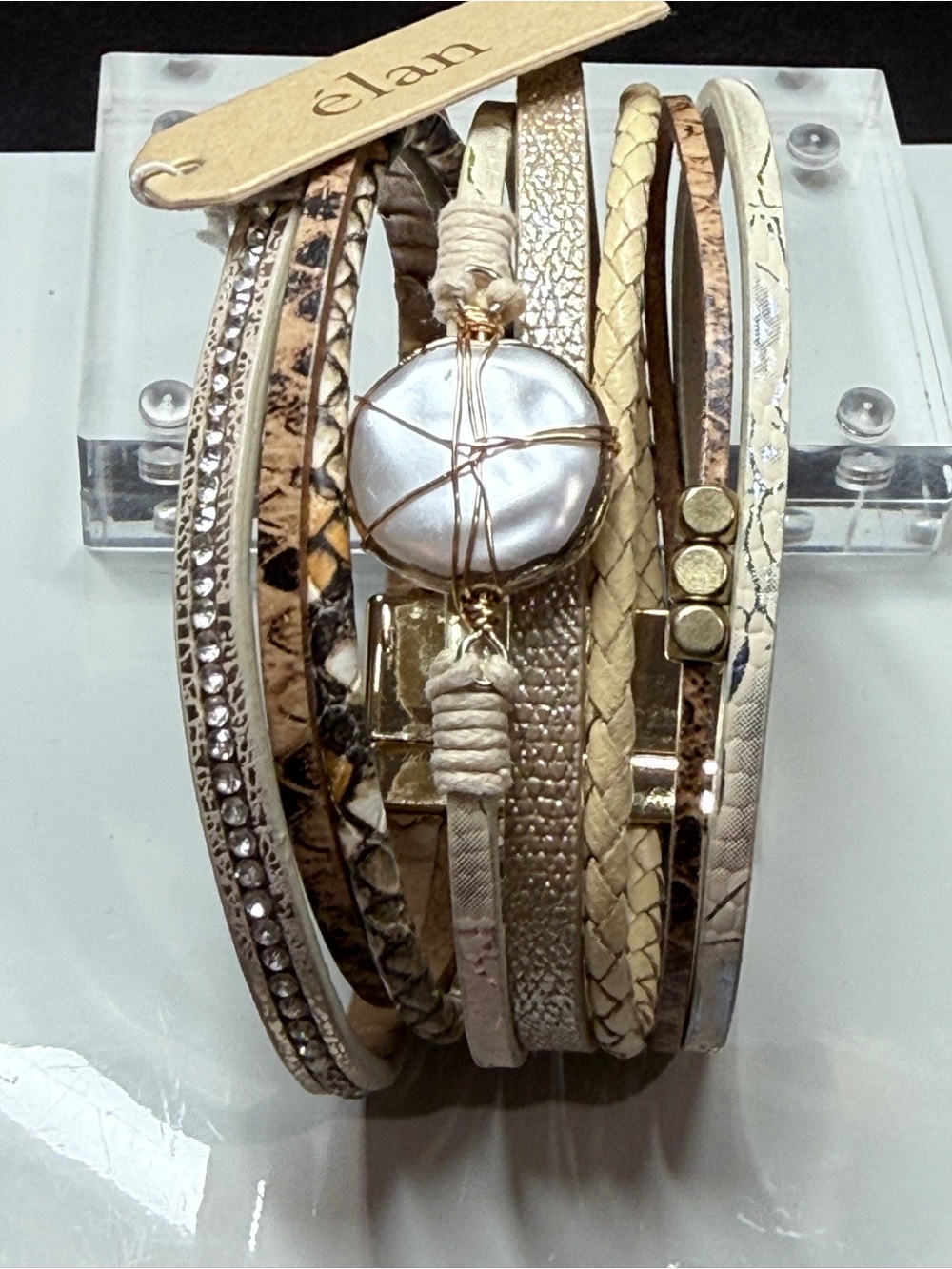 Élan Multi-Strand Faux Leather Crystal Pearl Magnetic Wrap Cuff Bracelet